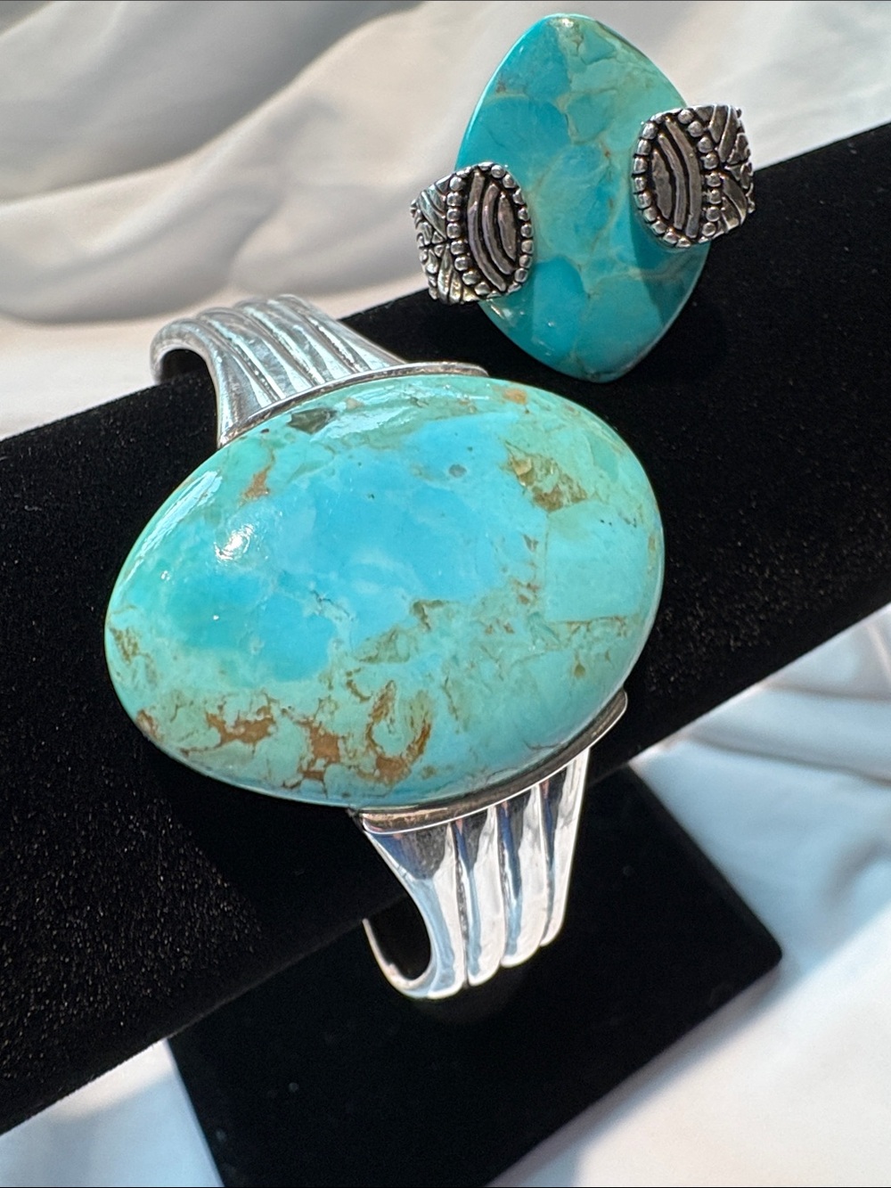 Turquoise Stone Silver Cuff Bracelet and Ring Set - Blue Turquoise